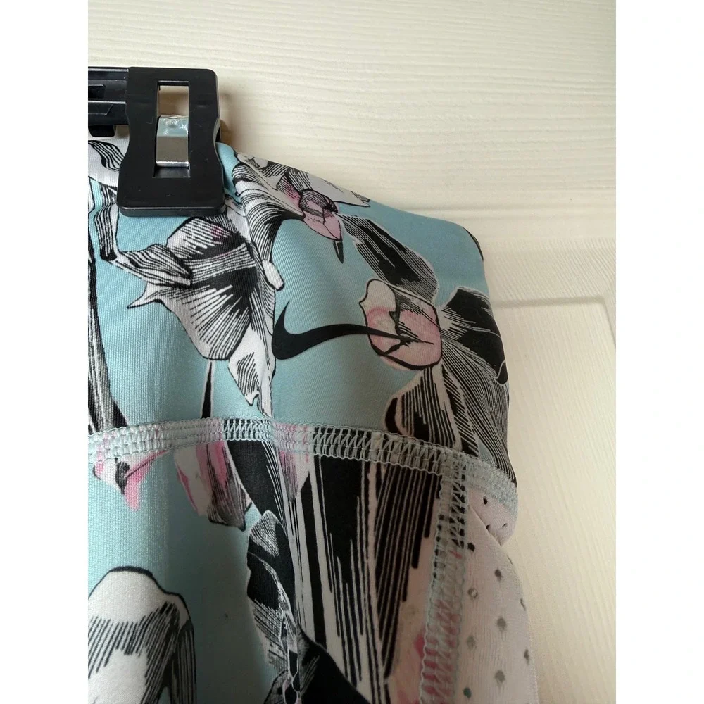 Nike Womens 2XL Floral Print Mesh Panel Leggings Blue Pink